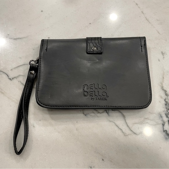 Nella Bella Black Vegan wristlet with crocodile accent and black metal clasp - Picture 2 of 5